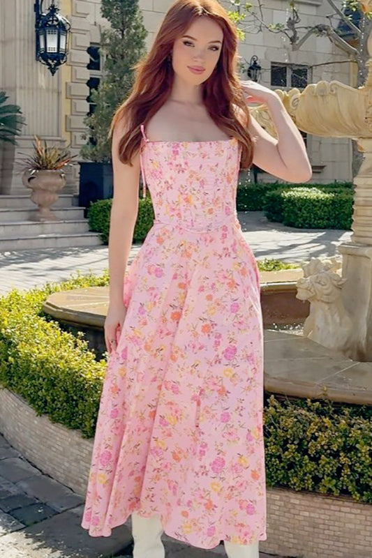 Floral Spaghetti Strap Bustier Corset A-Line Maxi Dress - View 4