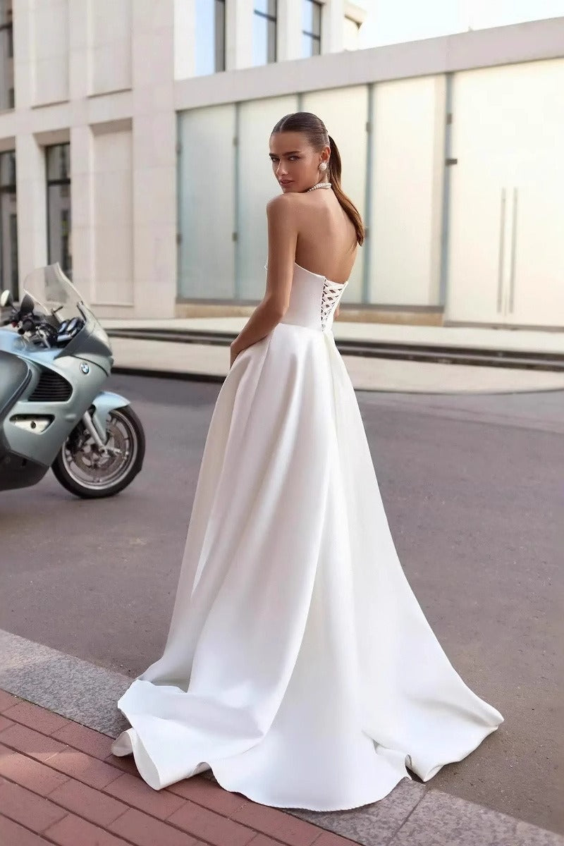 Satin Strapless Sweetheart High Split A-Line Prom Gown - View 2