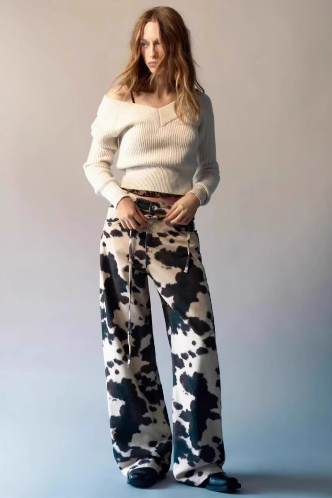 Vintage Cow Print Washed Loose Straight Pants