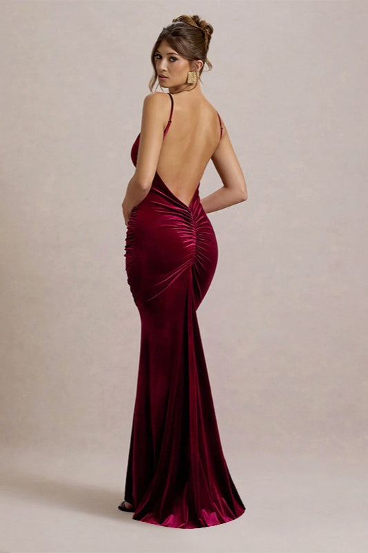 Velvet Ruched Low-Back Party Dress - View 5