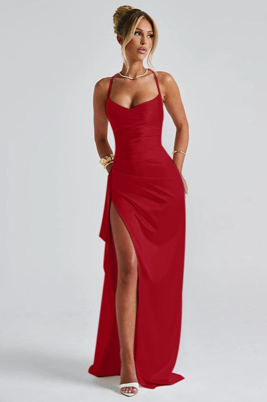 Satin Cowl Neck Spaghetti Strap Ruched High Split Maxi Dress - View 14