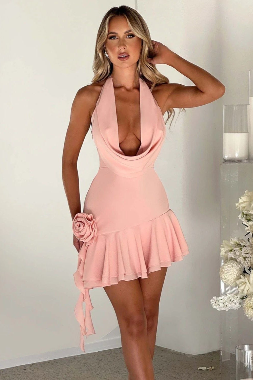 Cowl Neck Tie up Floral Cocktail Dress - View 2