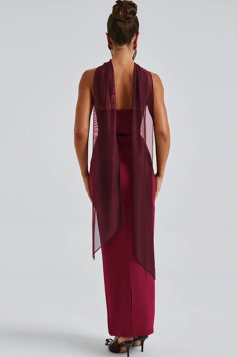 Strapless Choker Neck Ruched Sheer Glove Bodycon Maxi Dress - View 9