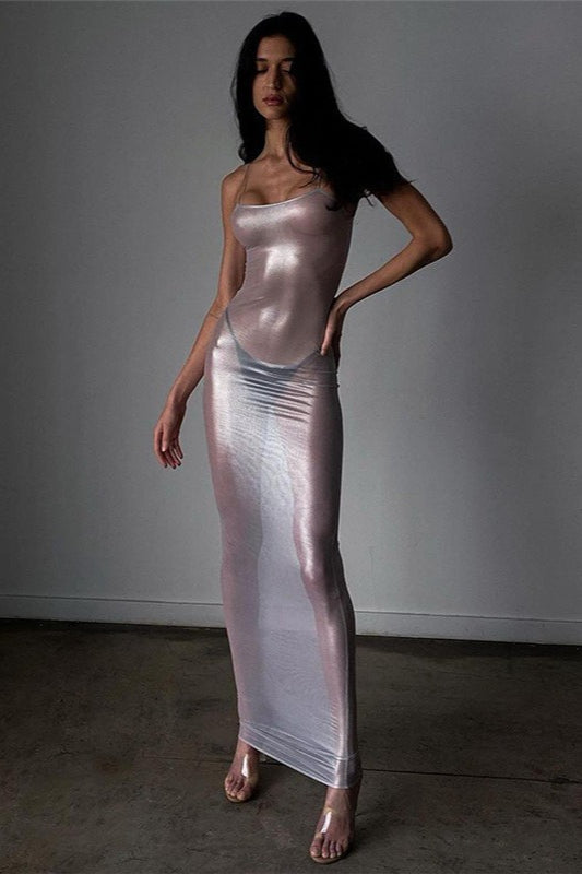 Spaghetti Strap Sheer Shimmer Bodycon Slip Maxi Dress