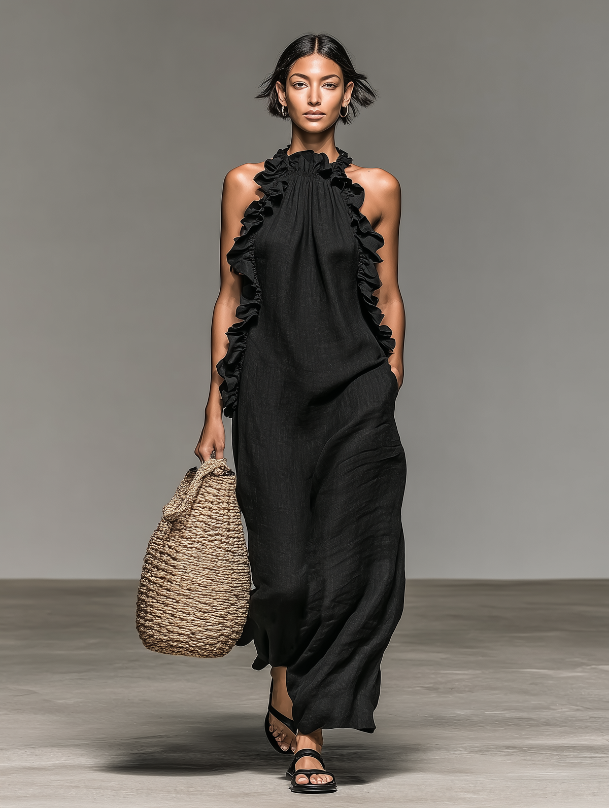 Ruffle Trim Halter Neck Sleeveless Maxi Dress