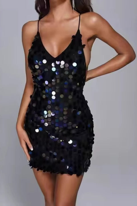 Deep V Backless Camisole Sequin Dress - View 3