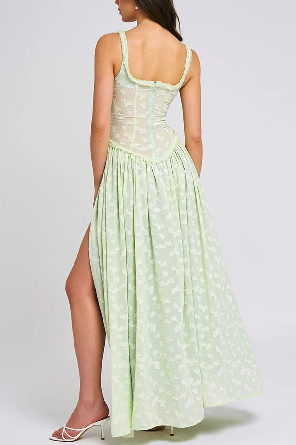 Garden Elf Lace Jacquard Textured Square Neck High Slit Maxi Dress - View 11