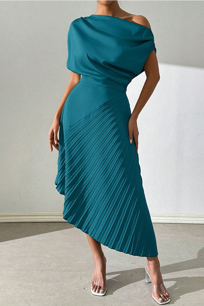 Satin One Shoulder Ruched Pleated Asymmetric Midi Dress - View 9