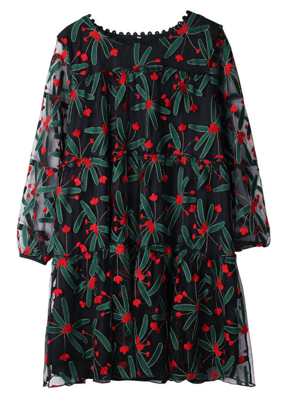Floral Embroidered Mesh Overlay Long Sleeve A-Line Mini Dress - View 5