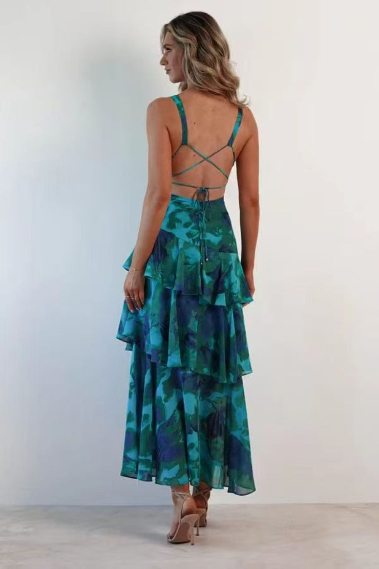 Floral Deep V-Neck Sleeveless Tiered Ruffle Chiffon Maxi Dress - View 2
