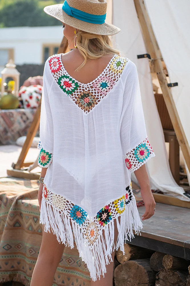 White Fringe Trim Boho Dress