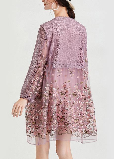 Lace Bodice Floral Embroidered Mesh Long Sleeve Mini Dress - View 4