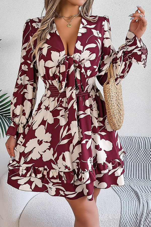 Floral Print V-Neck Tie Front Long Sleeve Ruffle Hem Mini Dress - View 3