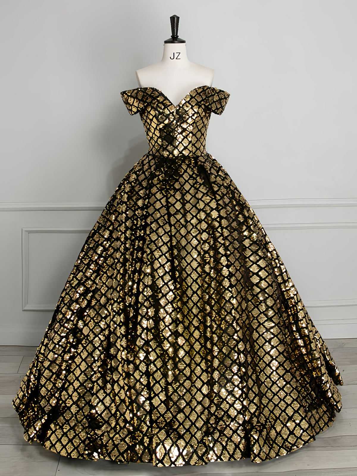 Off Shoulder Sweetheart Sequin Lattice Cap Sleeve Ball Gown