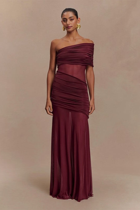 One Shoulder Ruched Mesh Panel Gown - View 5