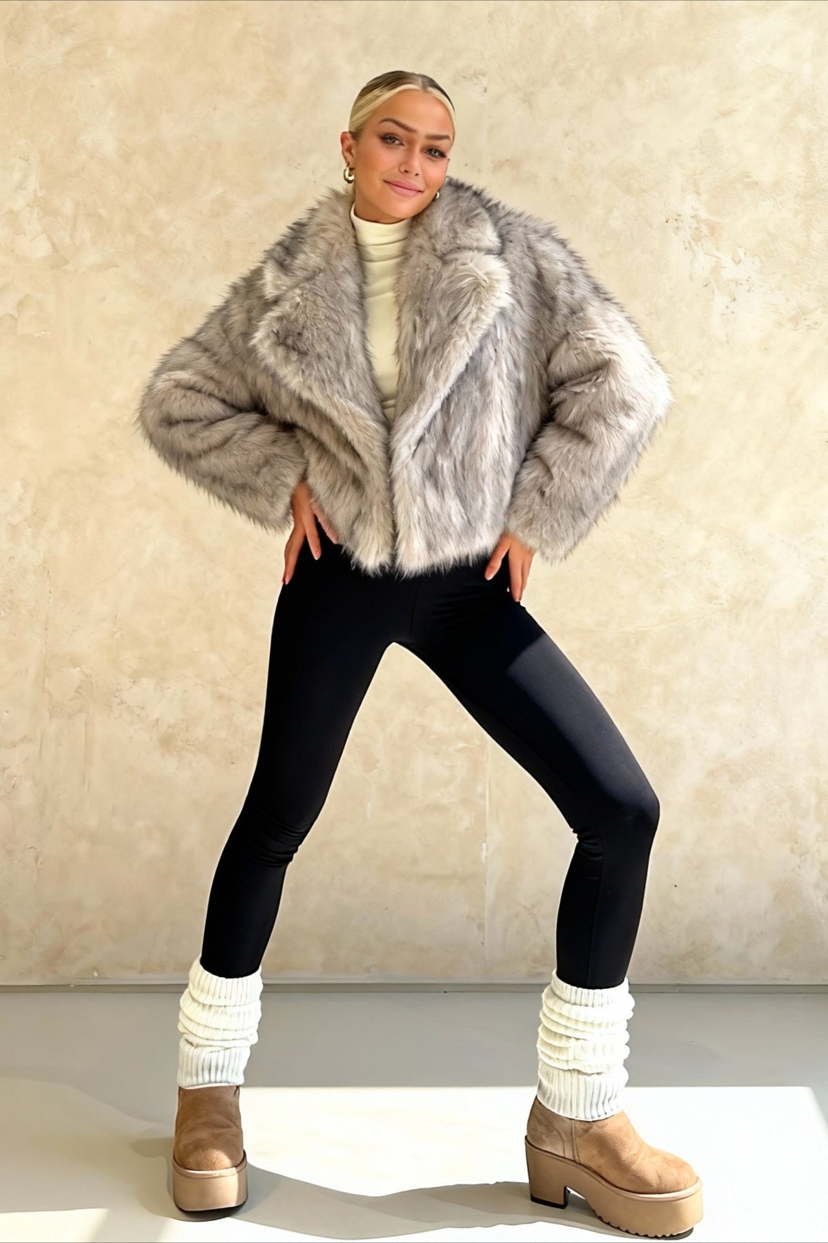 Cropped Faux Fur Lapel Coat