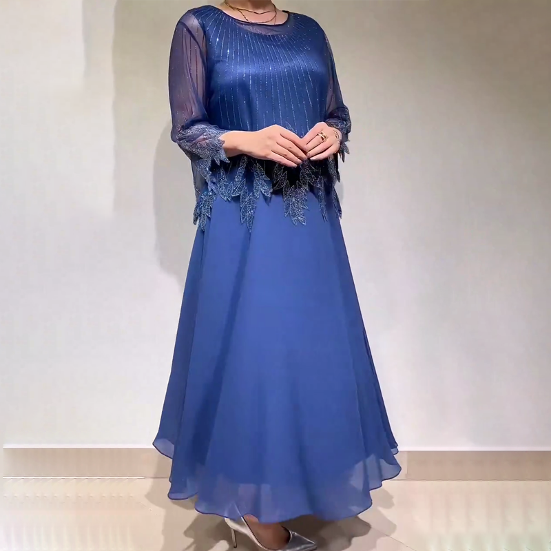 Embellished Sheer Long Sleeve Chiffon A-Line Midi Dress 4