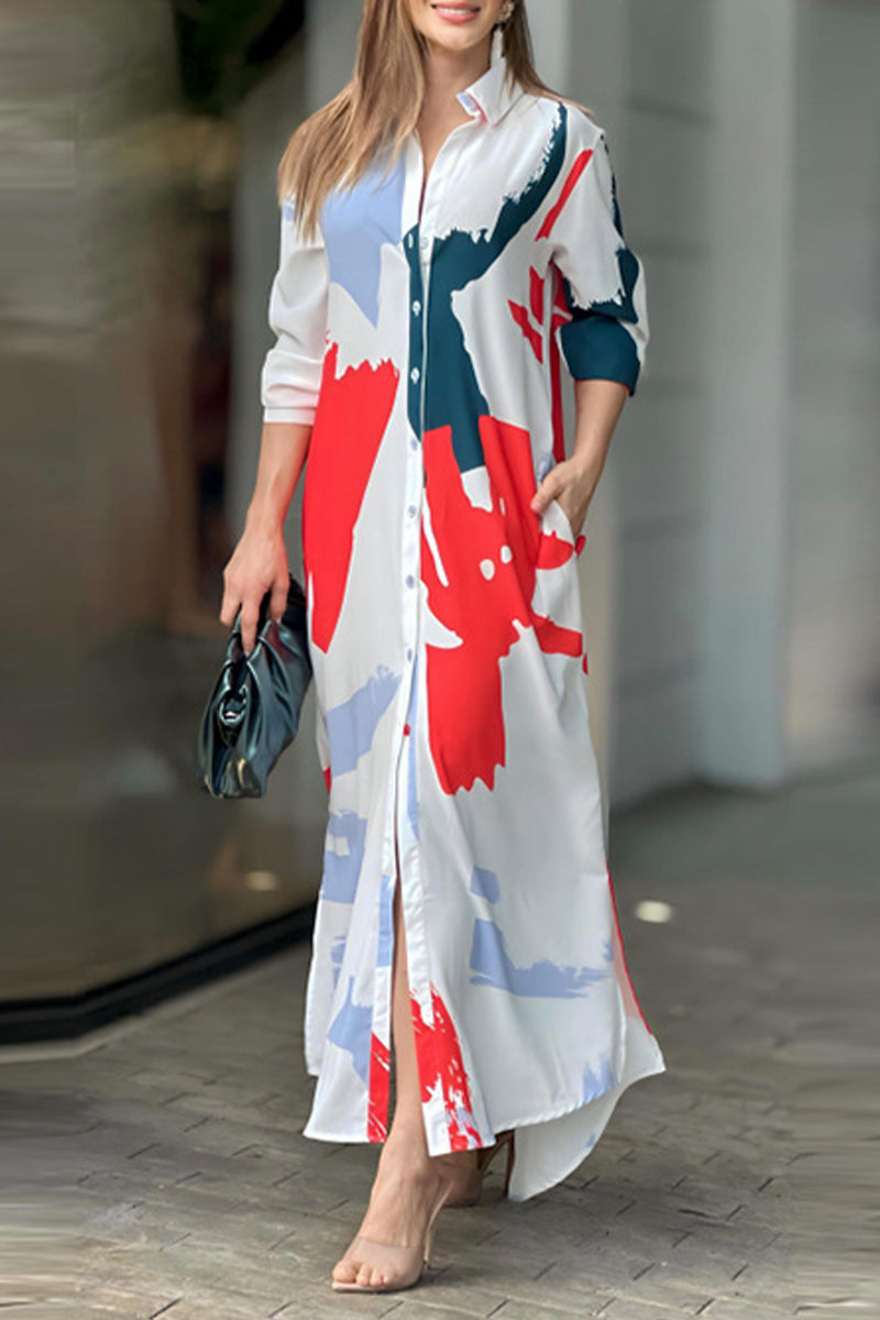 Collared Button Front Long Sleeve Pocket Slit Maxi Shirt Dress