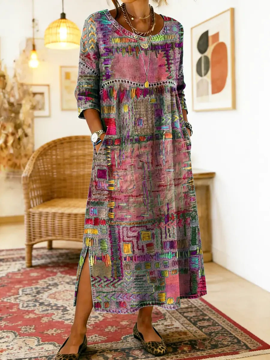Patchwork Print Round Neck Pocket A-Line Maxi Dress 6