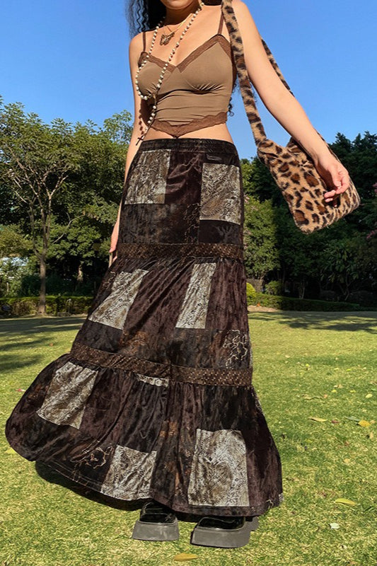 Vintage Inspired Color Block Velvet Skirt