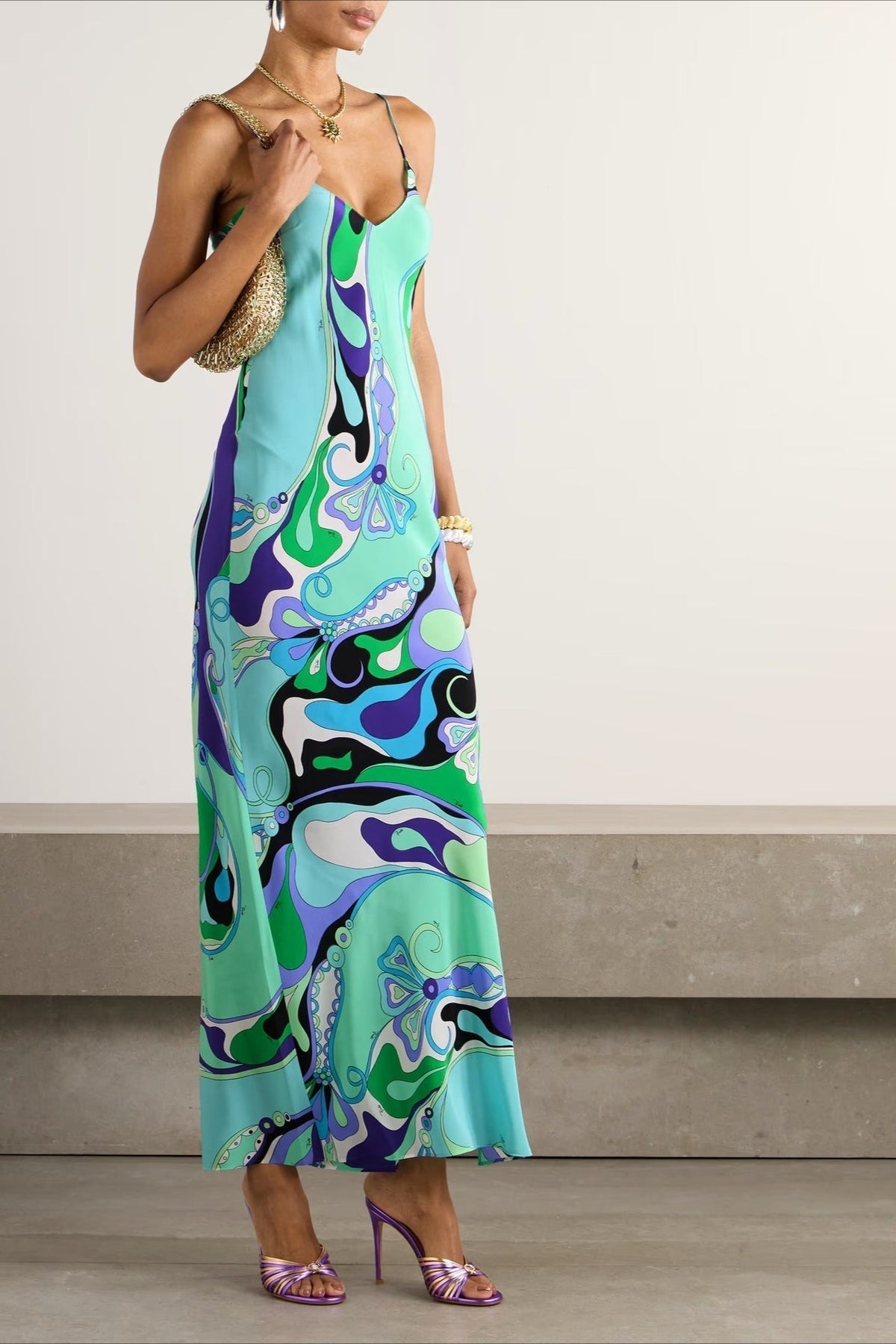 Spaghetti Strap Deep V-Neck Abstract Print Satin Slip Maxi Dress - View 8
