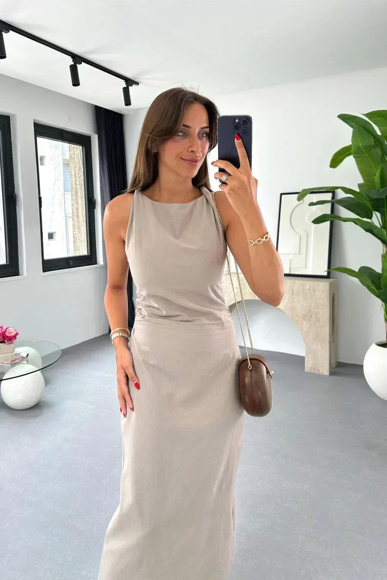 Boat Neck Sleeveless Gathered Waist Linen Look Midi Dress - View 5