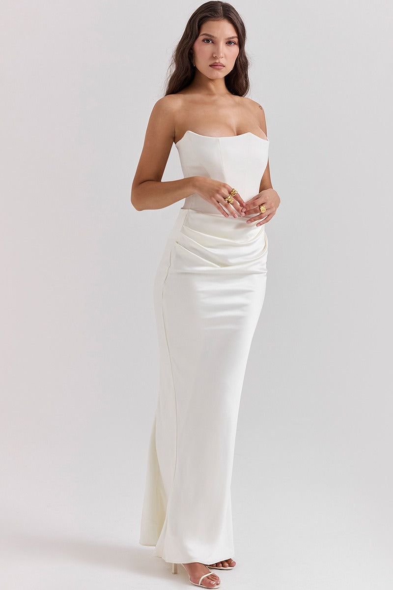 Strapless Corset Draped Satin Mermaid Maxi Gown