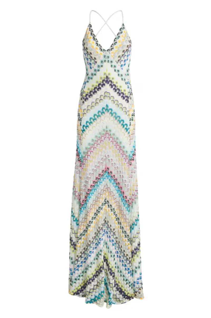 Geometric Chevron Print Halter Deep V-Neck Sleeveless Maxi Dress - View 4