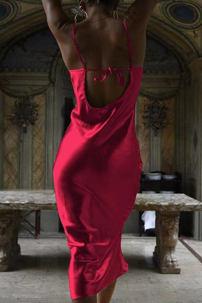 Satin Cowl Neck Spaghetti Strap Bias Cut Mermaid Hem Maxi Dress - View 4
