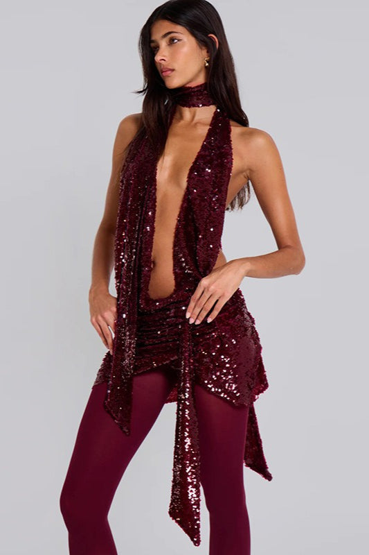 Sequin Halter Neck Plunge Backless Draped Bodycon Party Dress - View 3