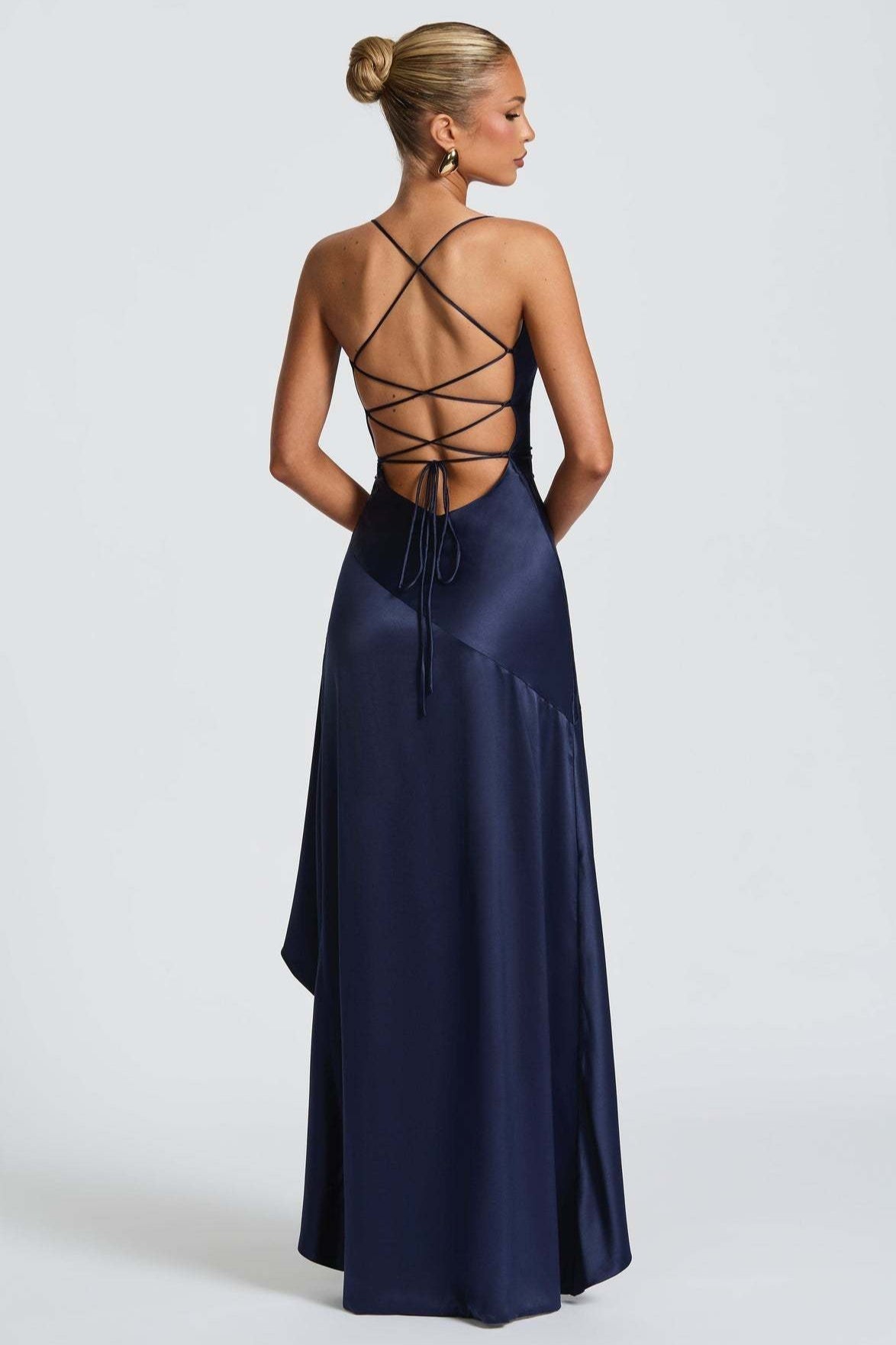 Satin Cowl Neck Spaghetti Strap Ruffle High Split Slip Maxi Dress - View 8