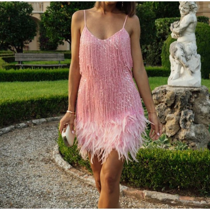 Sequin Feather Fringe Spaghetti Strap Bodycon Mini Dress - View 9