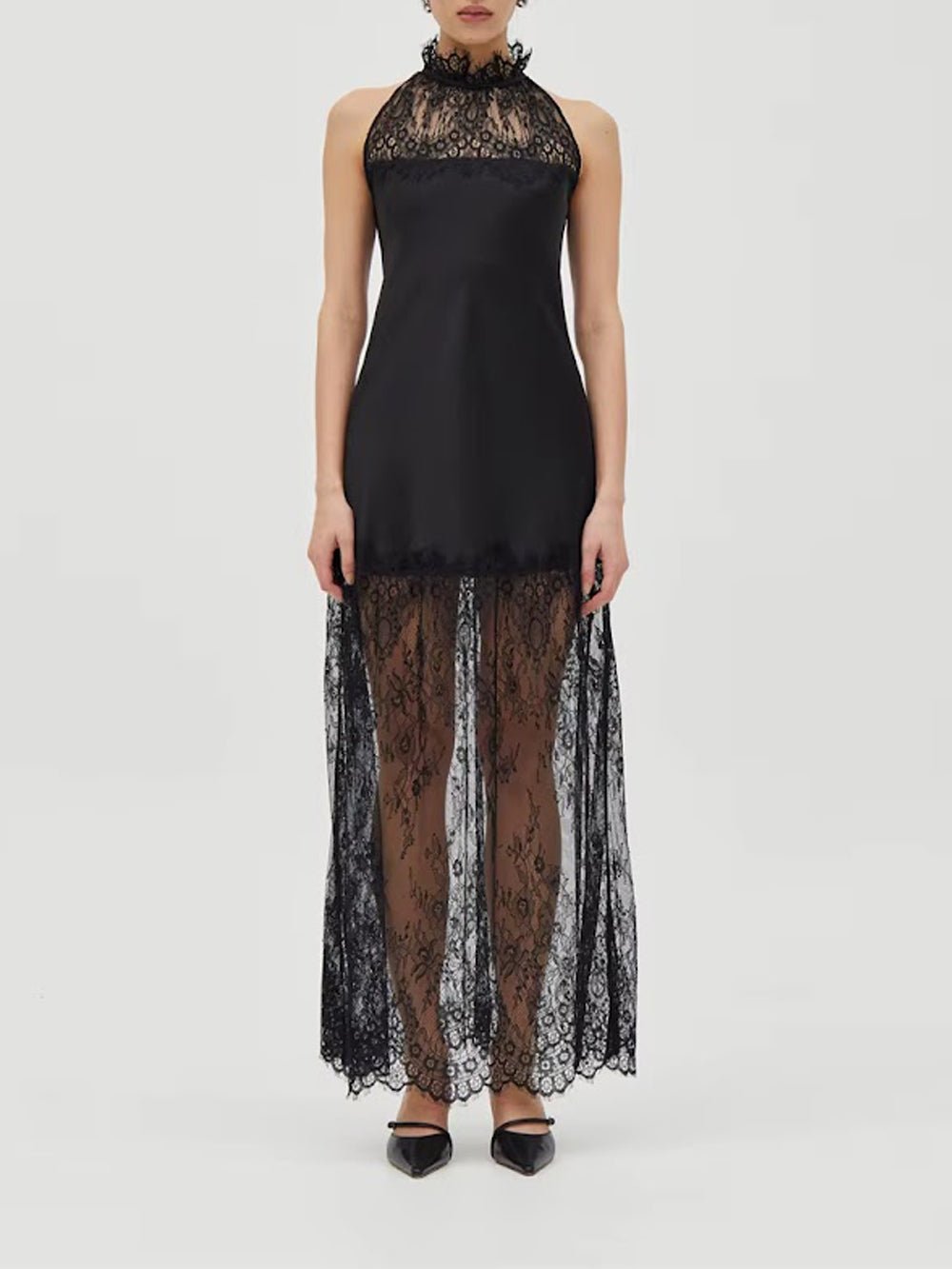 Lace Halter Neck Sheer Hem Satin Slip Maxi Dress