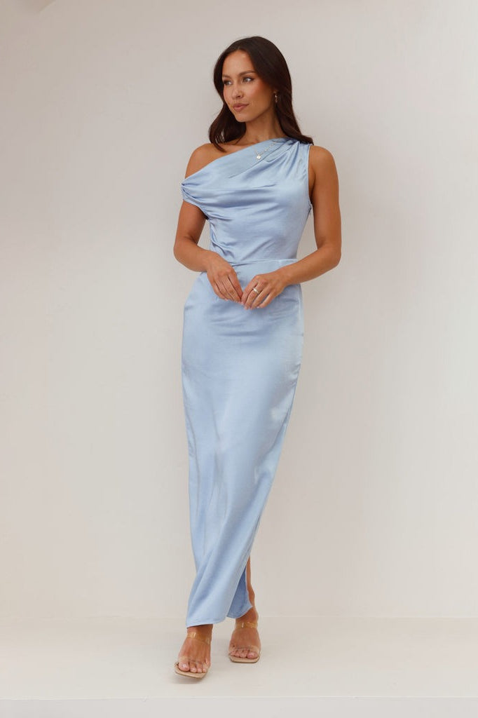 Satin One Shoulder Draped Column Maxi Dress - View 13