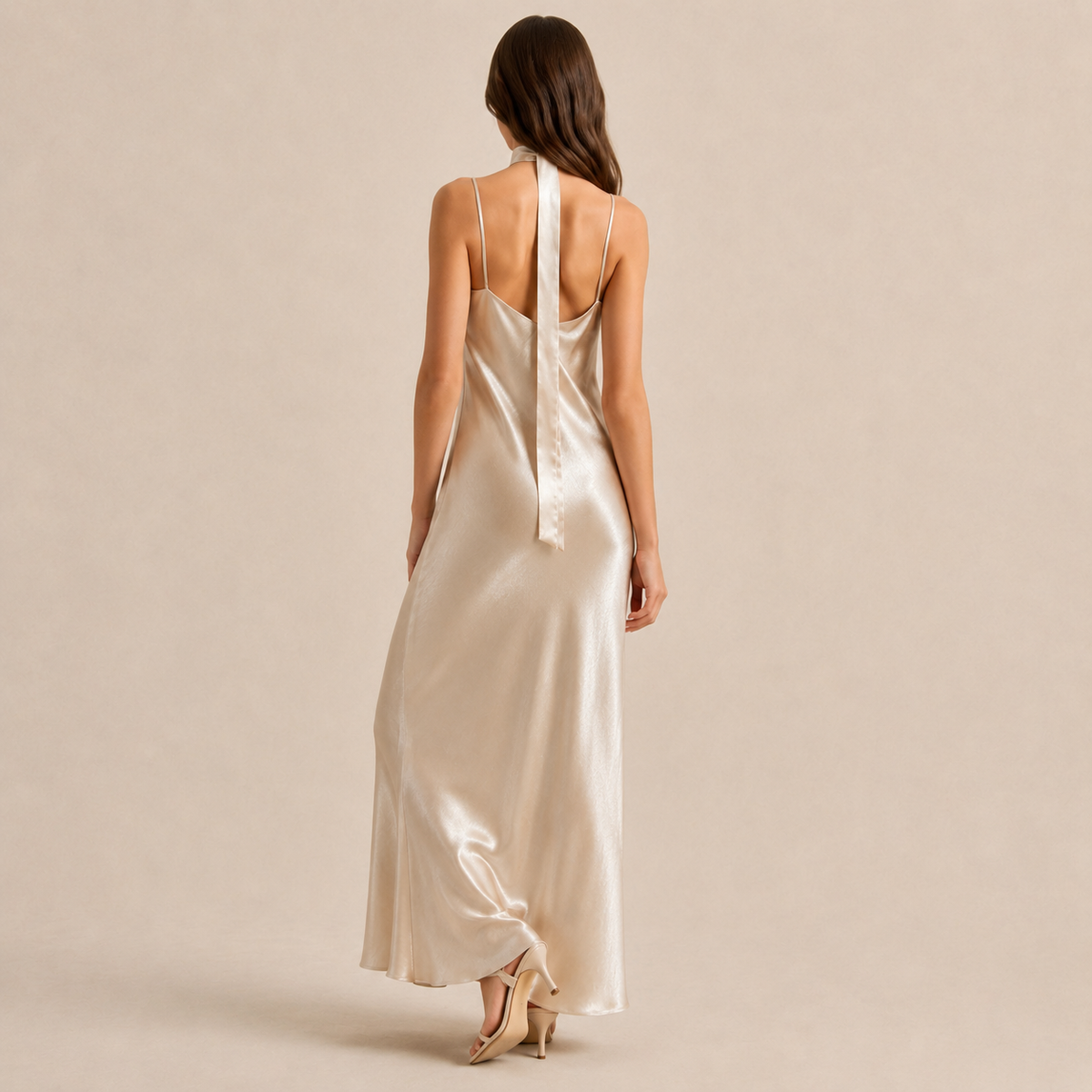 Scarf Neck V-Neck Satin Bias Slip Maxi Dress 7