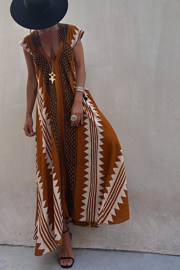 Geometric Print V-Neck Short Sleeve Flowy Boho Maxi Dress - View 8
