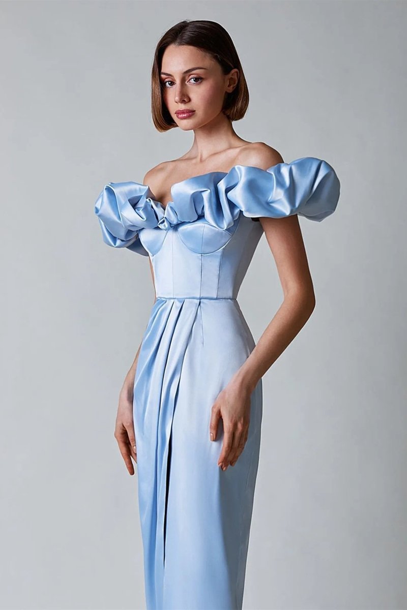 Satin Off Shoulder Ruffle Corset Bustier High Split Wrap Maxi Gown - View 3