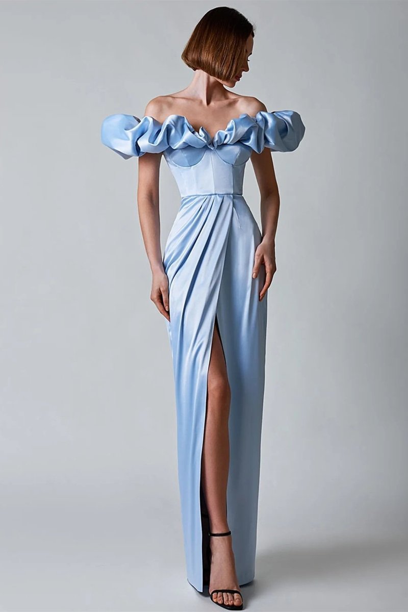 Satin Off Shoulder Ruffle Corset Bustier High Split Wrap Maxi Gown - View 5