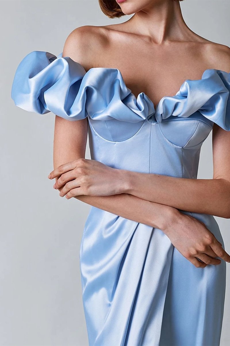 Satin Off Shoulder Ruffle Corset Bustier High Split Wrap Maxi Gown - View 4
