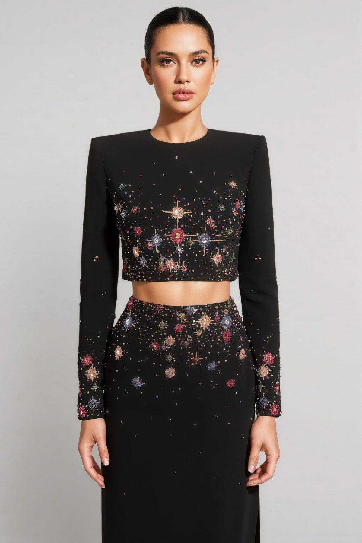 Keirt Black Rhinestone Stud Maxi Dress Set - View 2