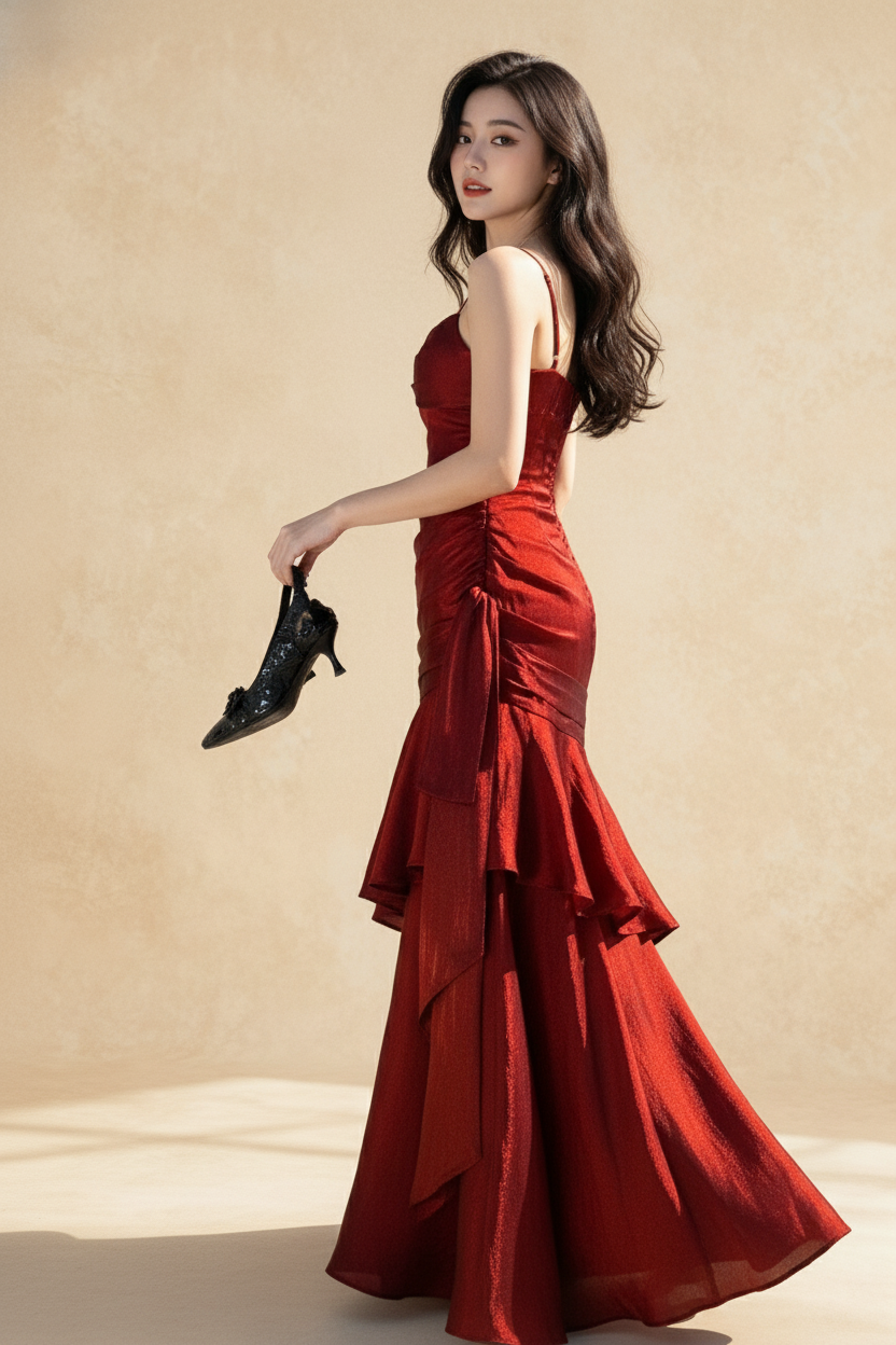 Satin Ruffle Trim Party Dress - View 2