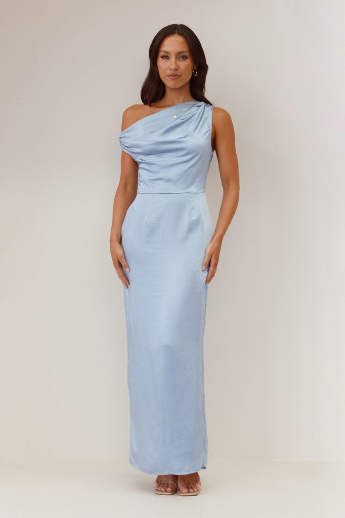 Satin One Shoulder Draped Column Maxi Dress - View 10