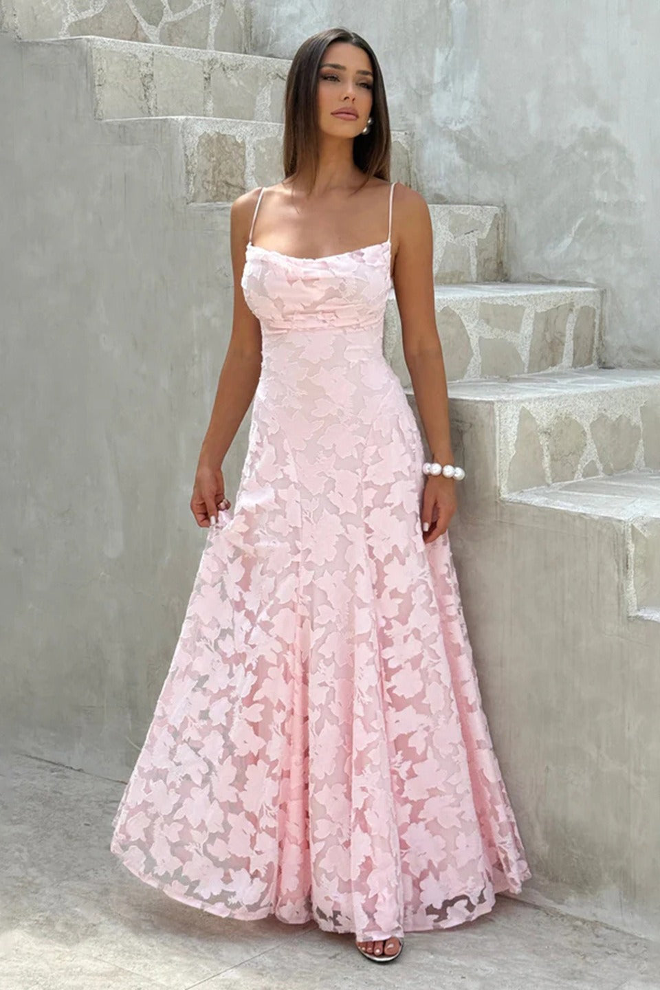 Jacquard Cami Backless Maxi Lace Dress - View 11