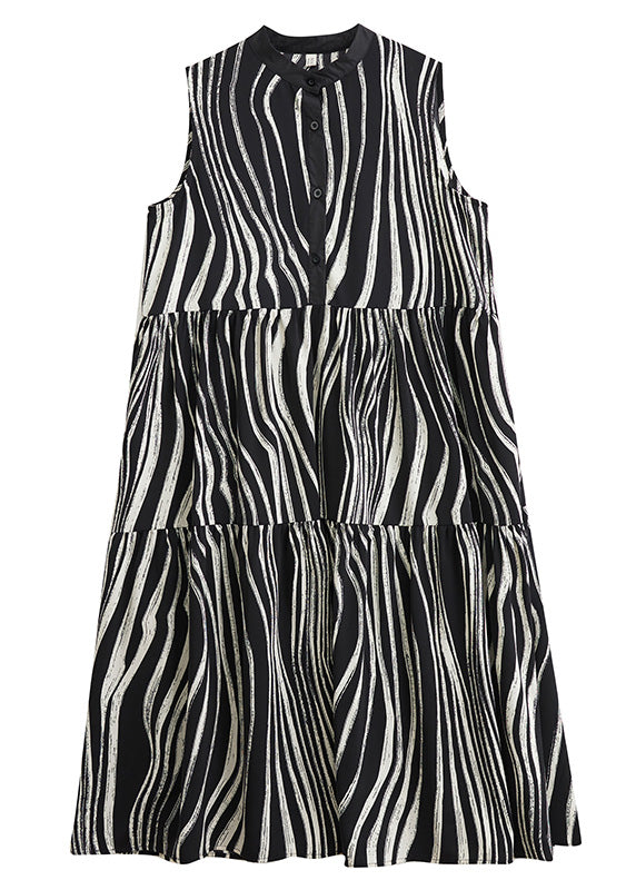Wavy Stripe Print Band Collar Button Front Tiered Maxi Dress - View 5