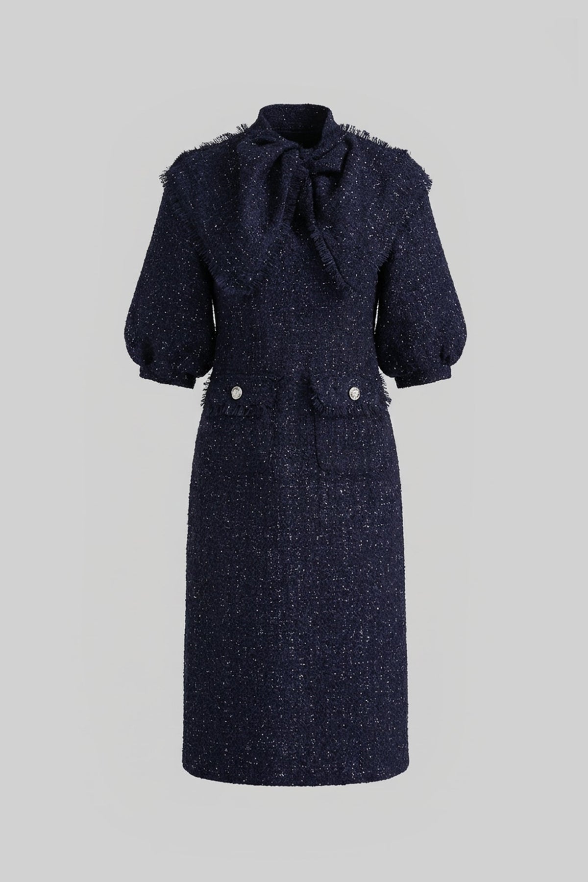 Tweed Pussy Bow Neck Puff Sleeve Pearl Button Patch Pocket Midi Dress - View 2