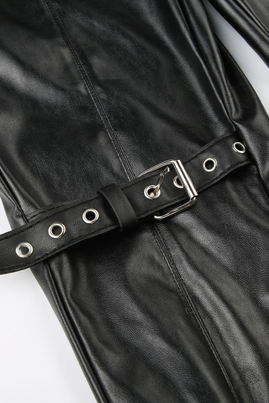 Gothic Eyelet Buckle Lace Panel Leather Flared Low Waist