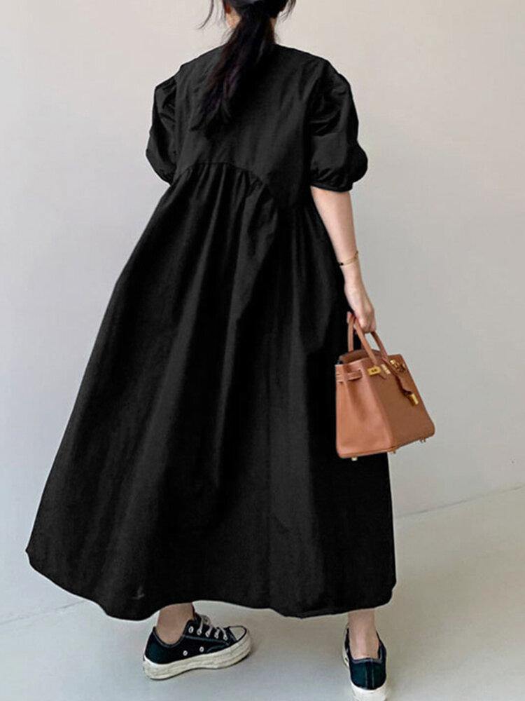 Puff Sleeve Round Neck Empire Waist Gathered Maxi Summer Dress - View 3