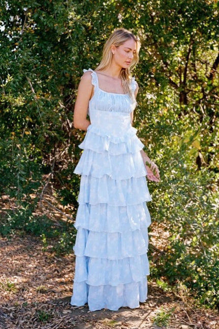 Floral Square Neck Ruffle Strap Tiered Maxi Prom Dress - View 5