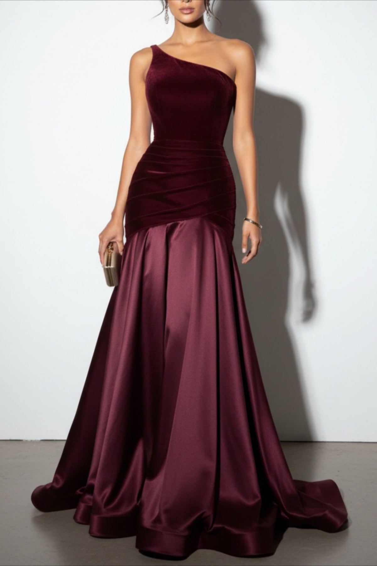 One Shoulder Ruched Velvet Satin Mermaid Gown