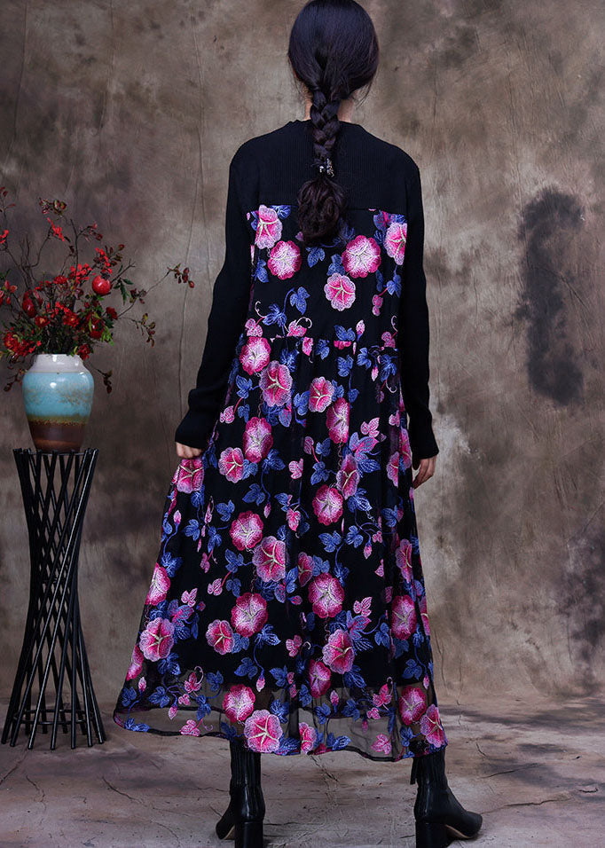 Floral Embroidered Mesh Overlay Long Sleeve Knit Maxi Dress - View 4